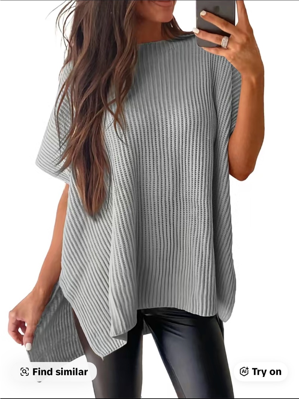 SHEWIN Light Gray Ribbed Knit Poncho Tunic